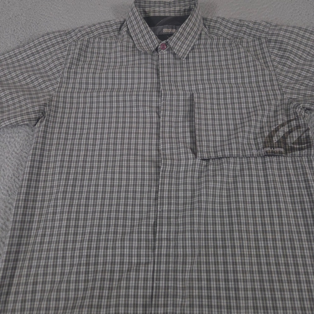 VINTAGE Quiksilver Shirt Mens Large Grey Plaid Logo Pocket Button Down VTG Y2K